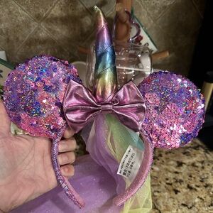 Disney Parks Minnie Mouse Ears Pink Purple Sequin Unicorn Rainbow Veil Headband